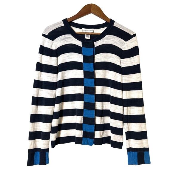 Doncaster Large Hidden Snap Closure Knit Cardigan Cotton Blend White Blue Stripe - Picture 2 of 8